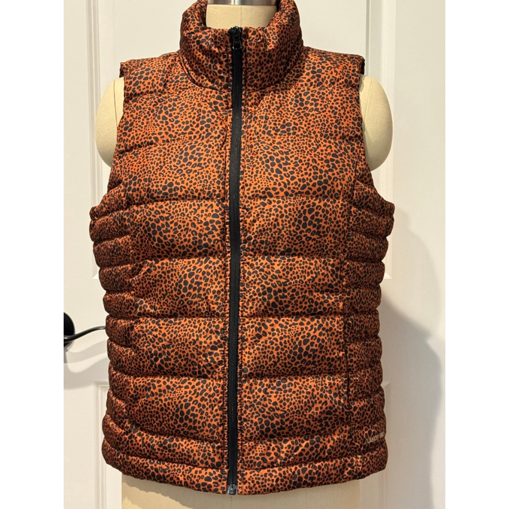 Women's Lands' End Puffer Vest MP Bronze Black Leopard Print zip front pockets
